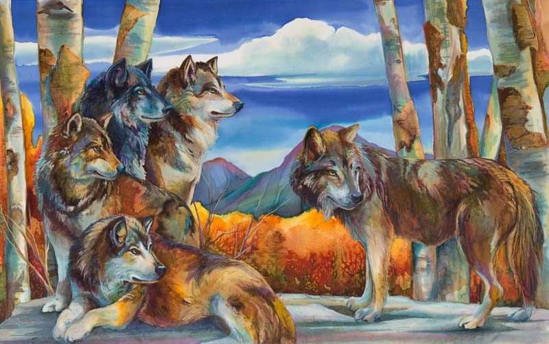 wolf-wolves-animal-wildlife-wild-yellowstone-pack-silk-painting-giclee-print-contemporary-western-art-montana