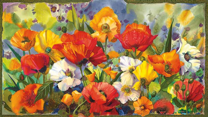 floral-poppy-garden-flower-orange-yellow-colorful-print-giclee-silk-painting-contemporary-art